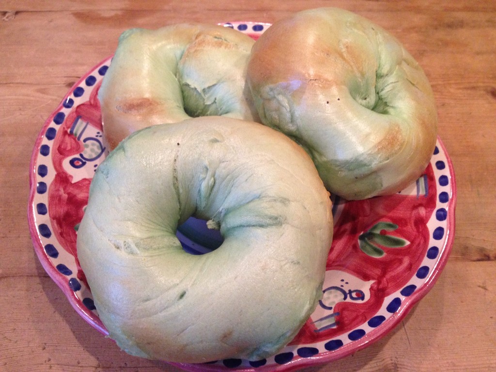 Yes, they are green and proud! From Bagels Galore in Caldwell.